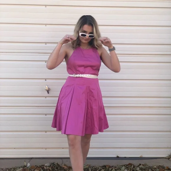 spring long sleeve dresses Pink Flamingo Pattern Quarter-zip Golf Dress vestidos de noche Just Small Talk Halter size:large Designed with Comfort in